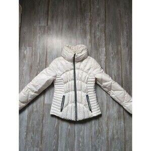 Guess Down Quilted Puffer Coat Pearl White Full Zip High Neck Pockets Sz M